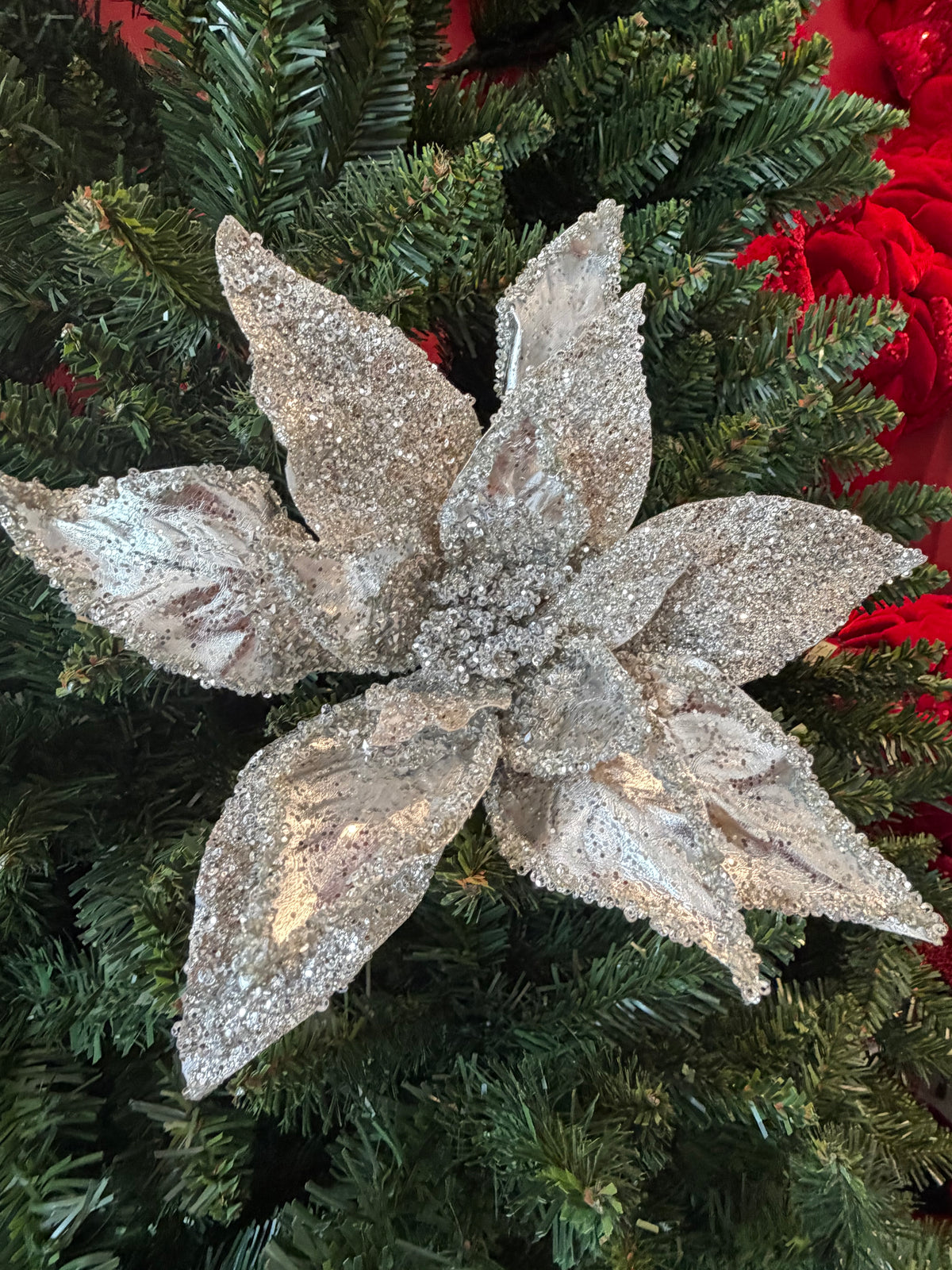 24" METALLIC BEADED POINSETTIA STEM