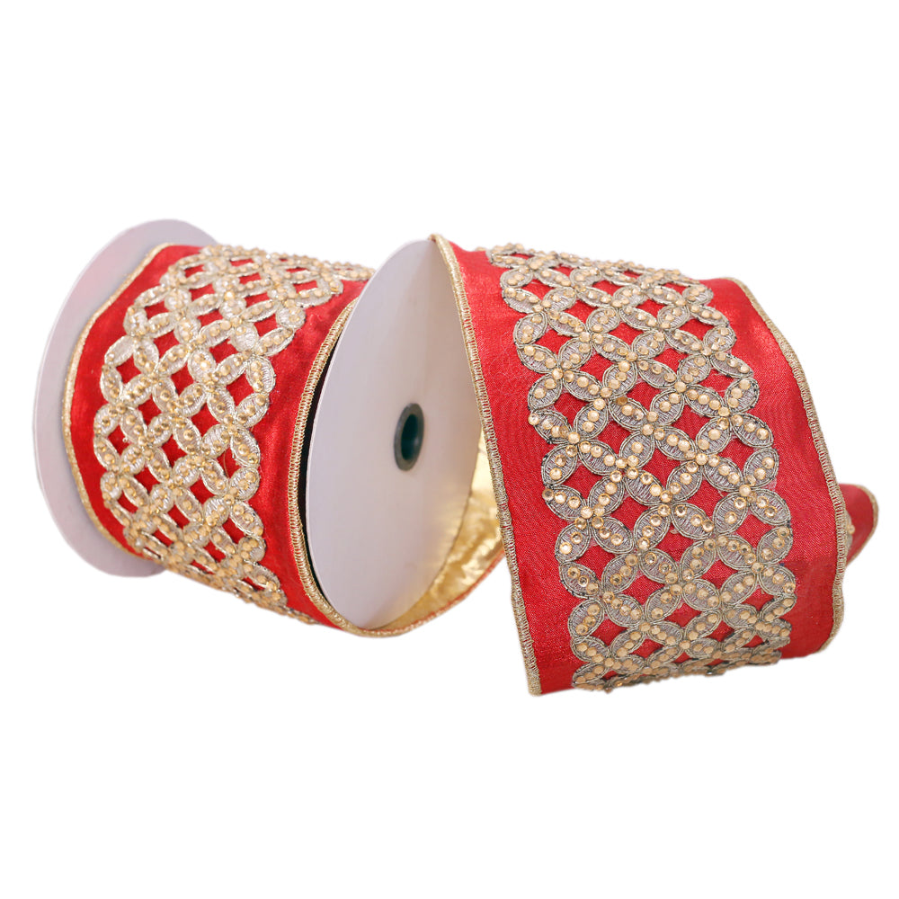 4"x5yd Champagne Pearl/Jewels Ribbon
