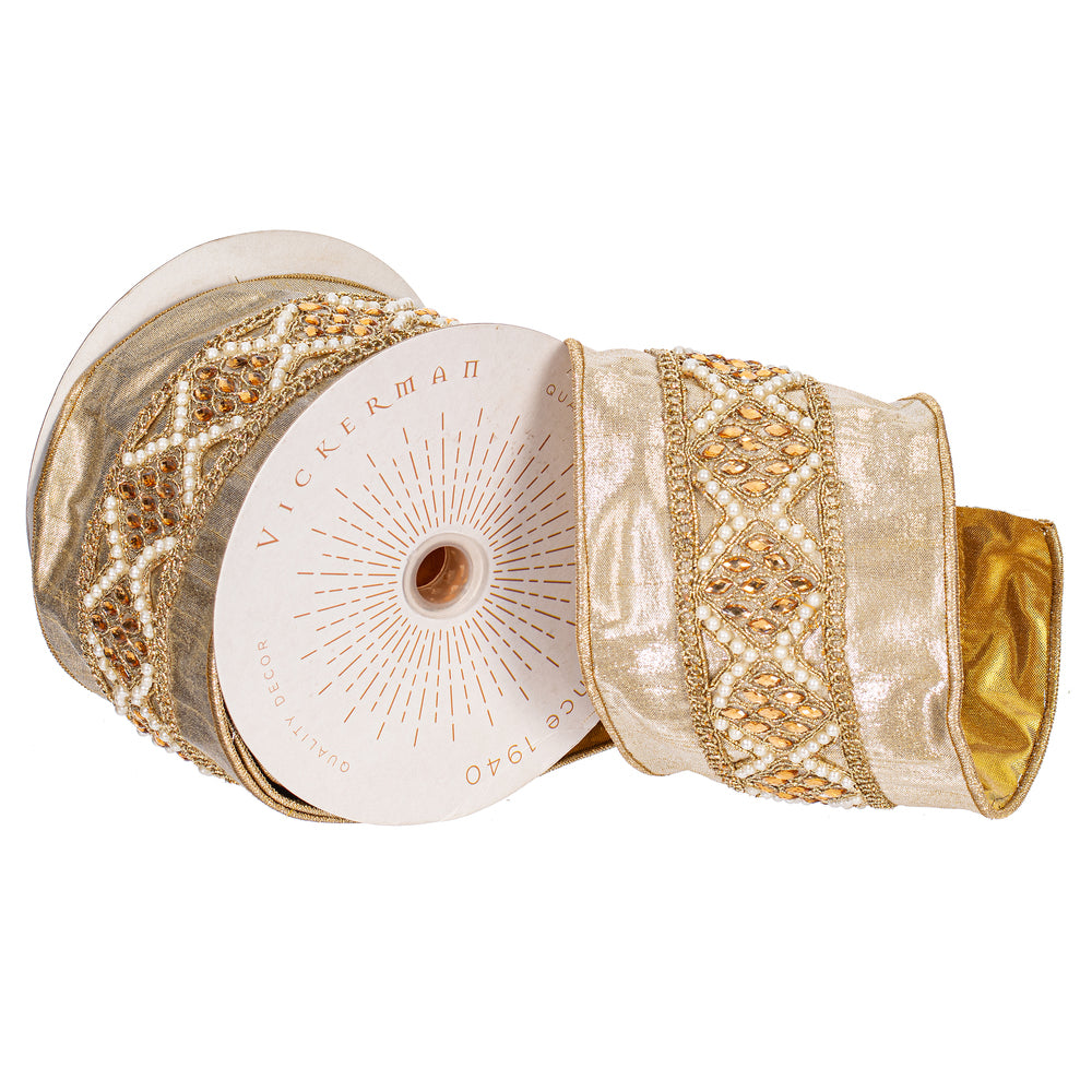 4inx5yd Champagne Pearl/Jewels Ribbon