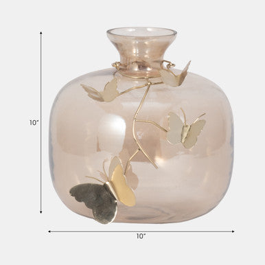 GLASS, 10" VASE W/ BUTTERFLY